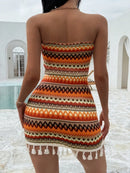 Vestido Elegante com Detalhes em Franjas e Estampa para Mulheres, Decote em Halter