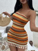Vestido Elegante com Detalhes em Franjas e Estampa para Mulheres, Decote em Halter