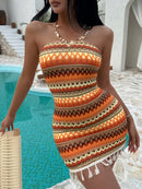Vestido Elegante com Detalhes em Franjas e Estampa para Mulheres, Decote em Halter