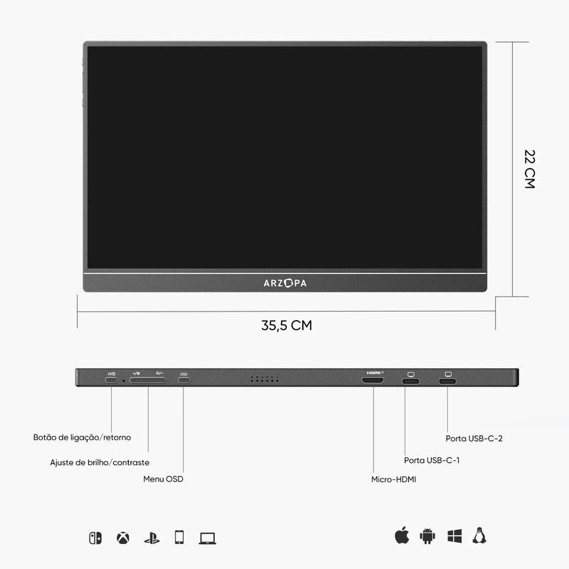 ARZOPA  Monitor portátil FHD 1080P IPS USB-C Mini-HDMI Segunda Tela Externa para Mac Laptop PC Switch Xbox PS4/5 Xbox com suporte embutido.