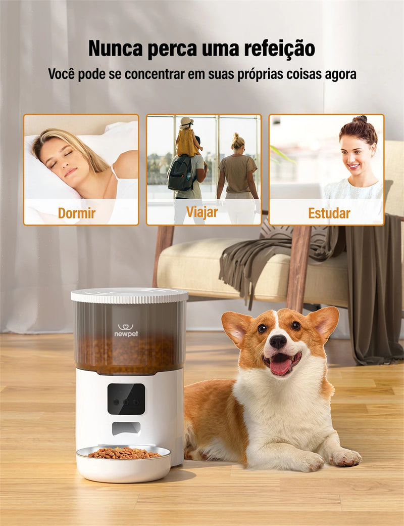 Comedouro Automático Gatos Cães Pet Programável Newpet 4L Cor Branco -Bivolt