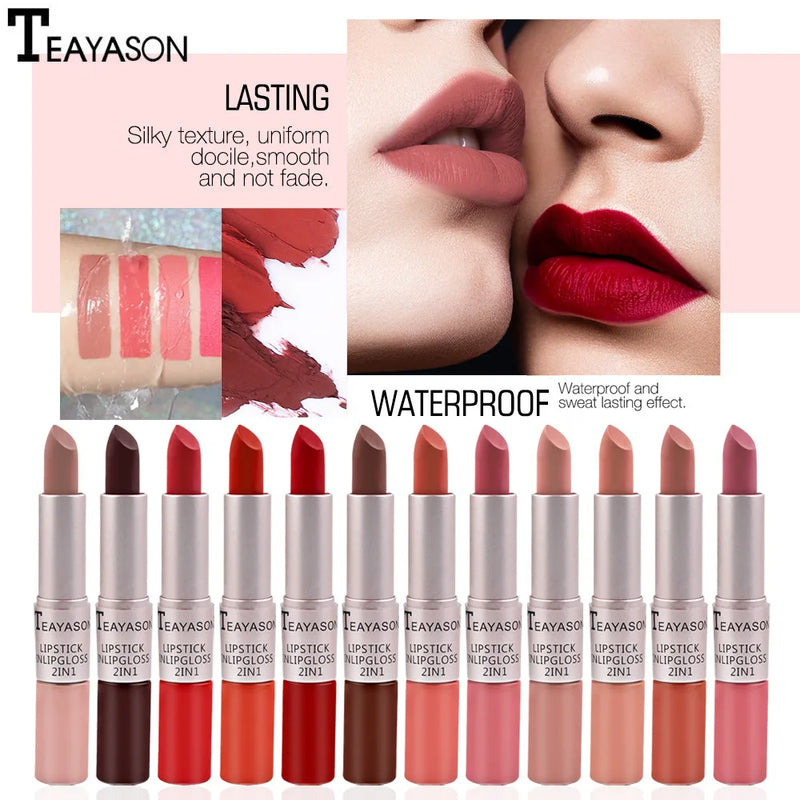 Batom Rosa Sexy Lip Gloss 2 Em 1  À Prova D'Água Longa Duração Hidratação Vermelho Batom Matte