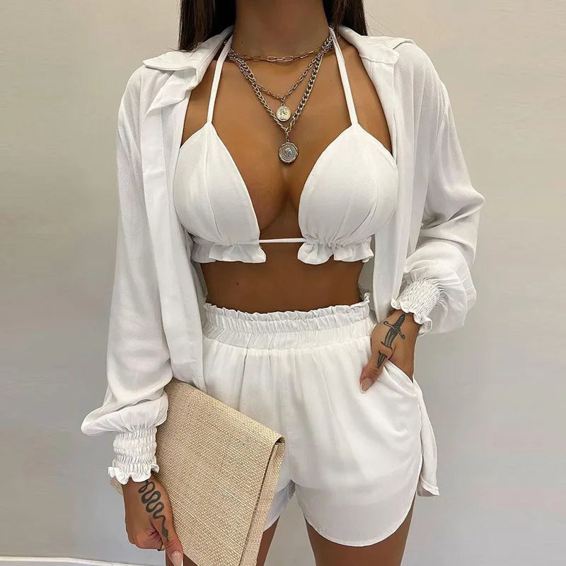 Conjunto três peças verão praia moda Feminino