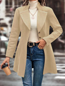 Europe and The United States Fashion Solid Color Lapel Woolen Coat, Women's Autumn and Winter Slim-fit V-neck Long Woolen Coat