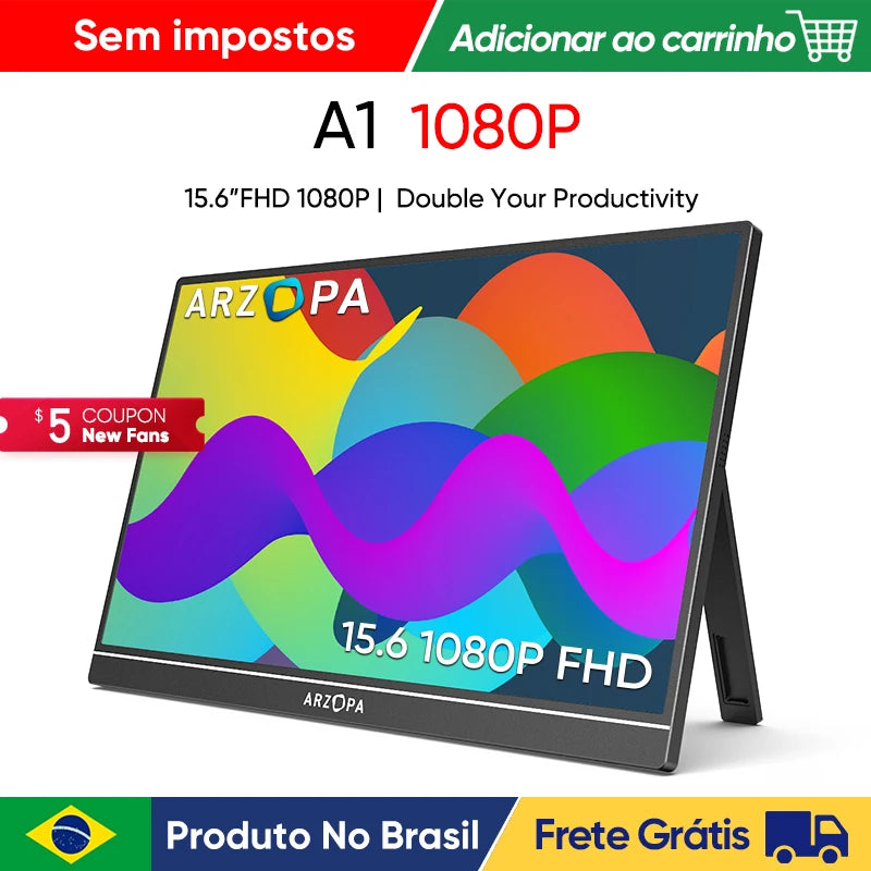 ARZOPA  Monitor portátil FHD 1080P IPS USB-C Mini-HDMI Segunda Tela Externa para Mac Laptop PC Switch Xbox PS4/5 Xbox com suporte embutido.