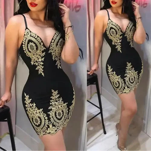 Vestido curto feminino com decote em V, sem mangas, bordado.