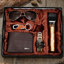 5 peças Relógio masculino versátil com pulseira de aço clássico novo, chaveiro, barbeiro, óculos de sol, carteira - perfeita para negócios e casual