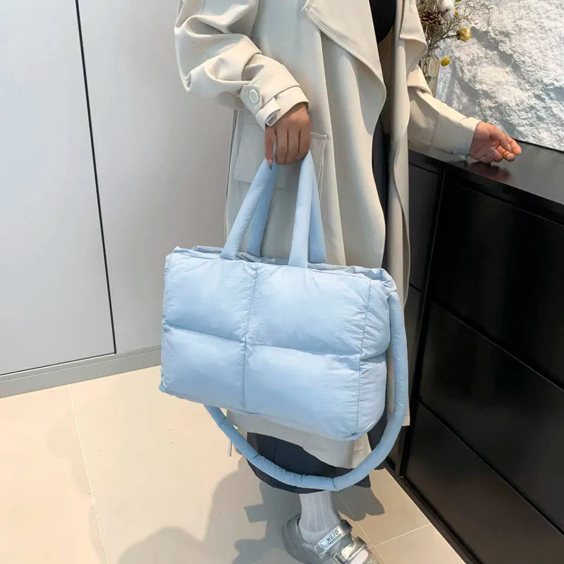 Bolsa tote puffer para mulheres, leve, acolchoada de algodão.