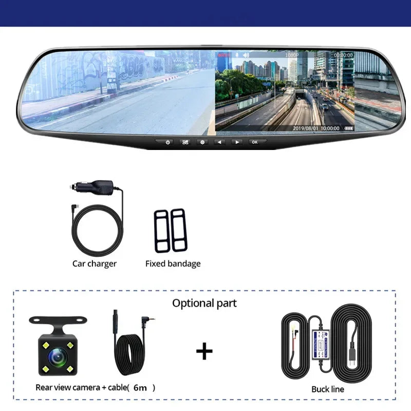 Retrovisor Smart para carro, DVR Espelho Retrovisor, IPS frontal e câmera traseira, Black Box, Novo, 4,3 polegadas