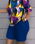 Conjunto Feminino Estampado — Blusa Manga Curta + Shorts com Bolsos