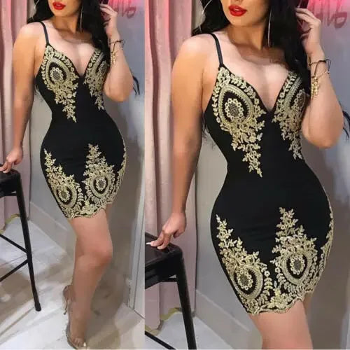 Vestido curto feminino com decote em V, sem mangas, bordado.