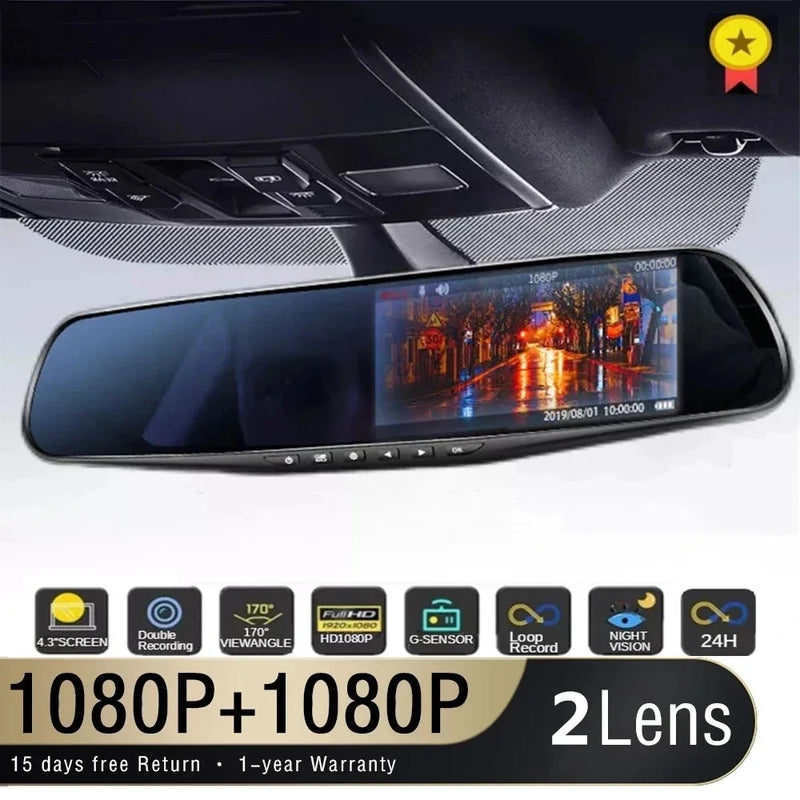 Retrovisor Smart para carro, DVR Espelho Retrovisor, IPS frontal e câmera traseira, Black Box, Novo, 4,3 polegadas