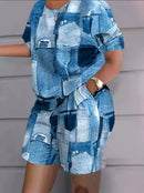 Conjunto Feminino Estampado — Blusa Manga Curta + Shorts com Bolsos