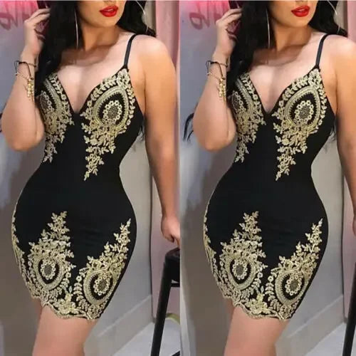 Vestido curto feminino com decote em V, sem mangas, bordado.