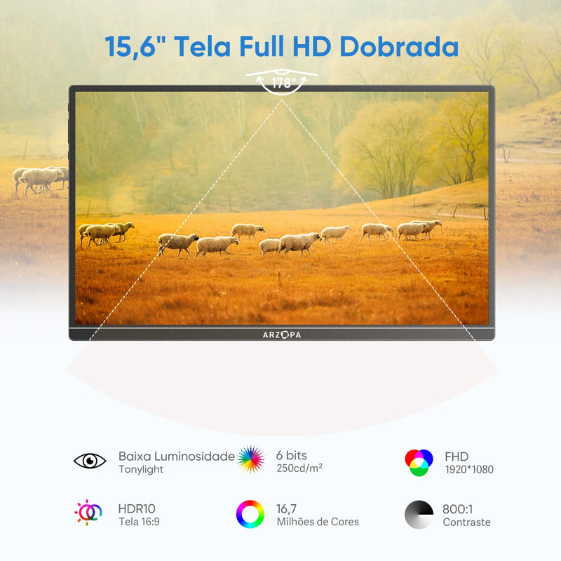 ARZOPA  Monitor portátil FHD 1080P IPS USB-C Mini-HDMI Segunda Tela Externa para Mac Laptop PC Switch Xbox PS4/5 Xbox com suporte embutido.